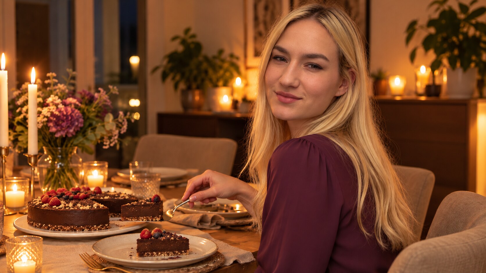 Nyers vegán csokitorta gyertyafényes otthonban