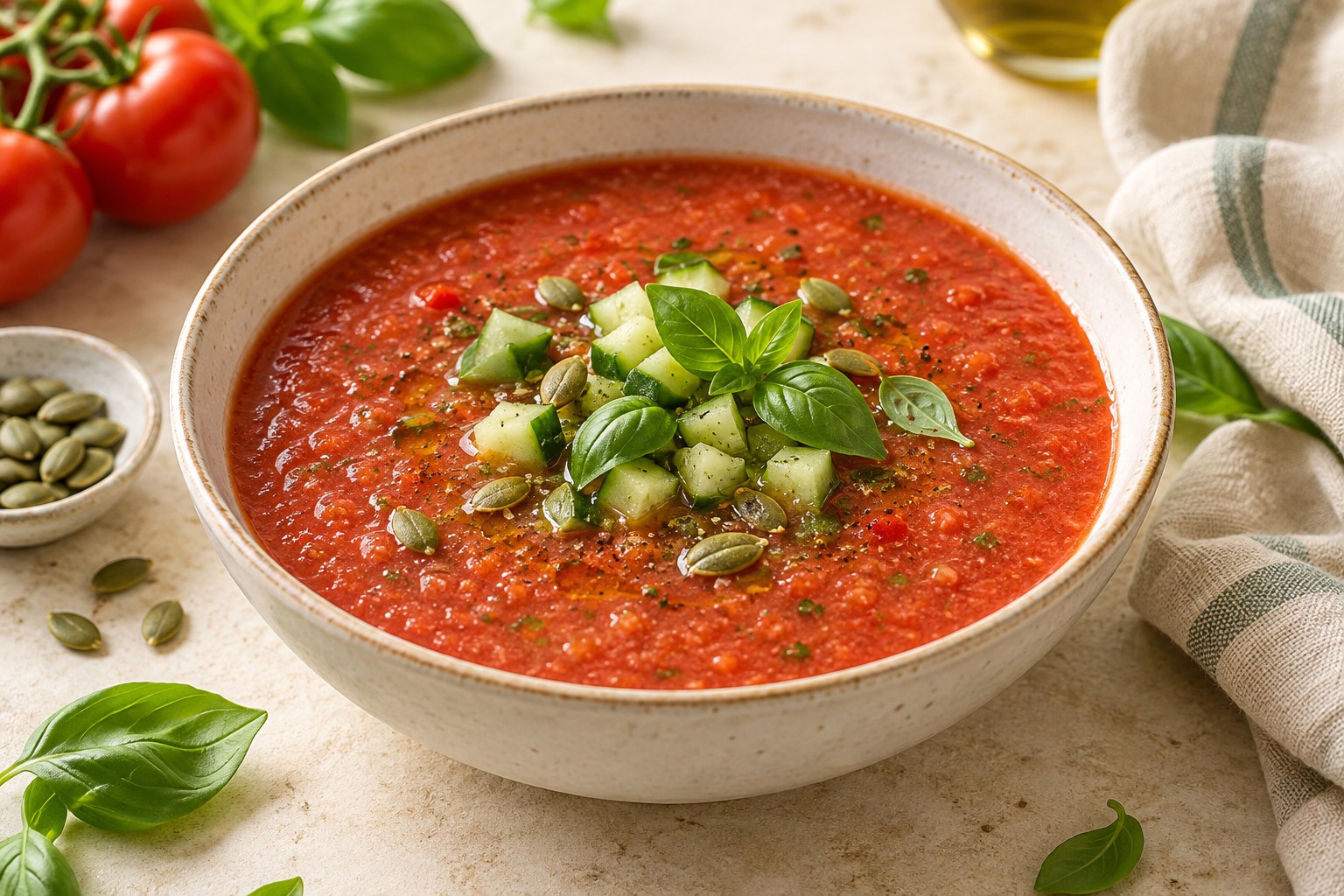 Friss paradicsomos nyers gazpacho uborkával és bazsalikommal